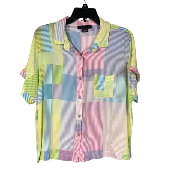 Sanctuary Medium Pajama Set Button-Up Striped Short Sleeve Lightweight Multi - Picture 4 of 10